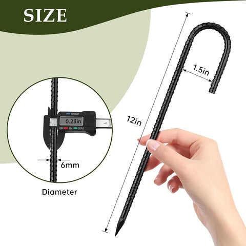 12 Inch Rebar Stakes, J Hook Ground Stakes 20 Pack Black Ground Anchors for Tent Heavy Duty for Plants Anti-Rust Landscape Fabric Artificial Turf