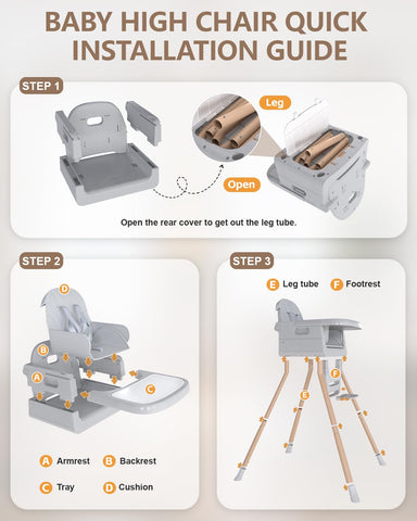 Baby High Chair for 6 Months+, Foldable High Chairs for Babies and Toddlers, Convertible High Chair, Adjustable Tray & Footrest, Portable High Chair & Easy to Clean(Grey with Wood Grain)