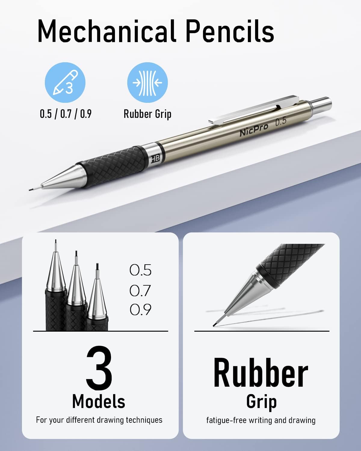 Nicpro 6PCS Art Mechanical Pencil Set, 0.5/0.7/0.9/2mm Point
