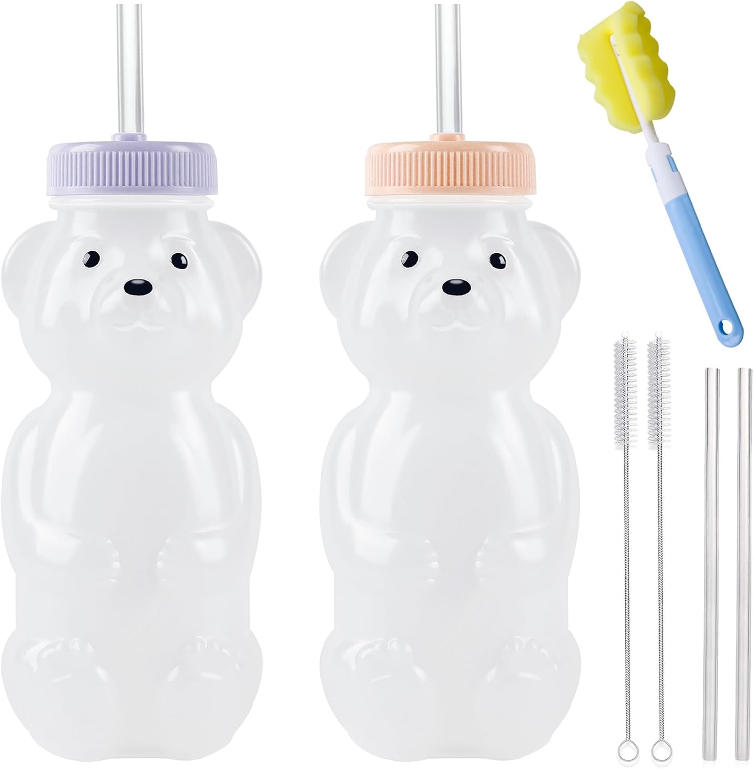 Honey Bear Straw Cups, Juice Bear Bottle Drinking Cup Long Straws with 4 Flexible Straws & Cleaning Tools, 8-Ounce Therapy Sippy Bottles for Speech and Feeding Training, Food-Grade & BPA Free 2 Pack