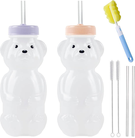 Honey Bear Straw Cups, Juice Bear Bottle Drinking Cup Long Straws with 4 Flexible Straws & Cleaning Tools, 8-Ounce Therapy Sippy Bottles for Speech and Feeding Training, Food-Grade & BPA Free 2 Pack