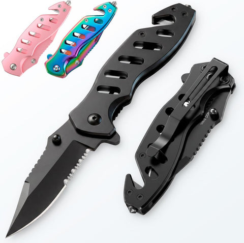 Tactical Legal Knife for Men Women - 2.68 inch Serrated Blade - Small Black Pocket Knives with Glass Breaker Seatbelt Cutter - Cool Folding Tool for Camping Work EDC - Mens Birthday Gift Ideas 6655 B