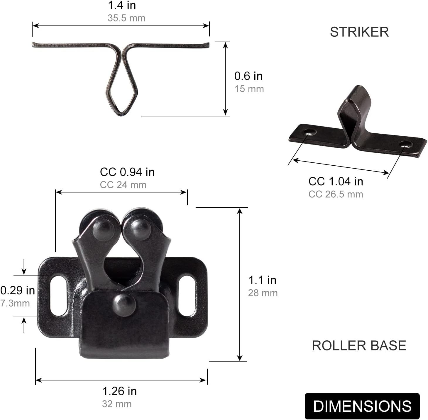 Keenkee Cabinet Latch Double Roller Catch, Black Nickel, 8 PCS