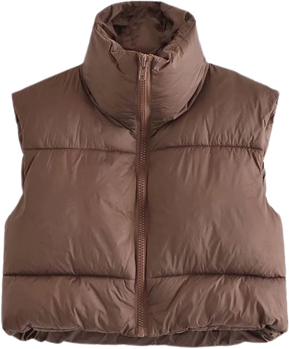 Athlisan Womens Cropped Puffer Vest Zip Up Stand Collar Sleeveless Padded Crop Vests