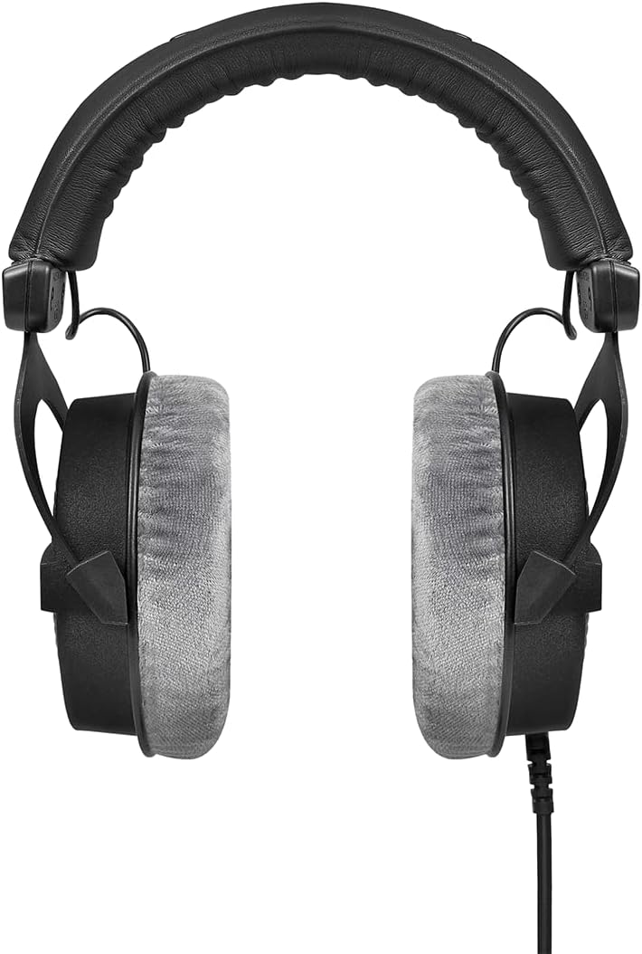 beyerdynamic DT 990 PRO, 250 Ohm, Open Back, Over Ear, Wired Headphones, 3m Coiled Cable, Black with Grey Velour Ear Pads