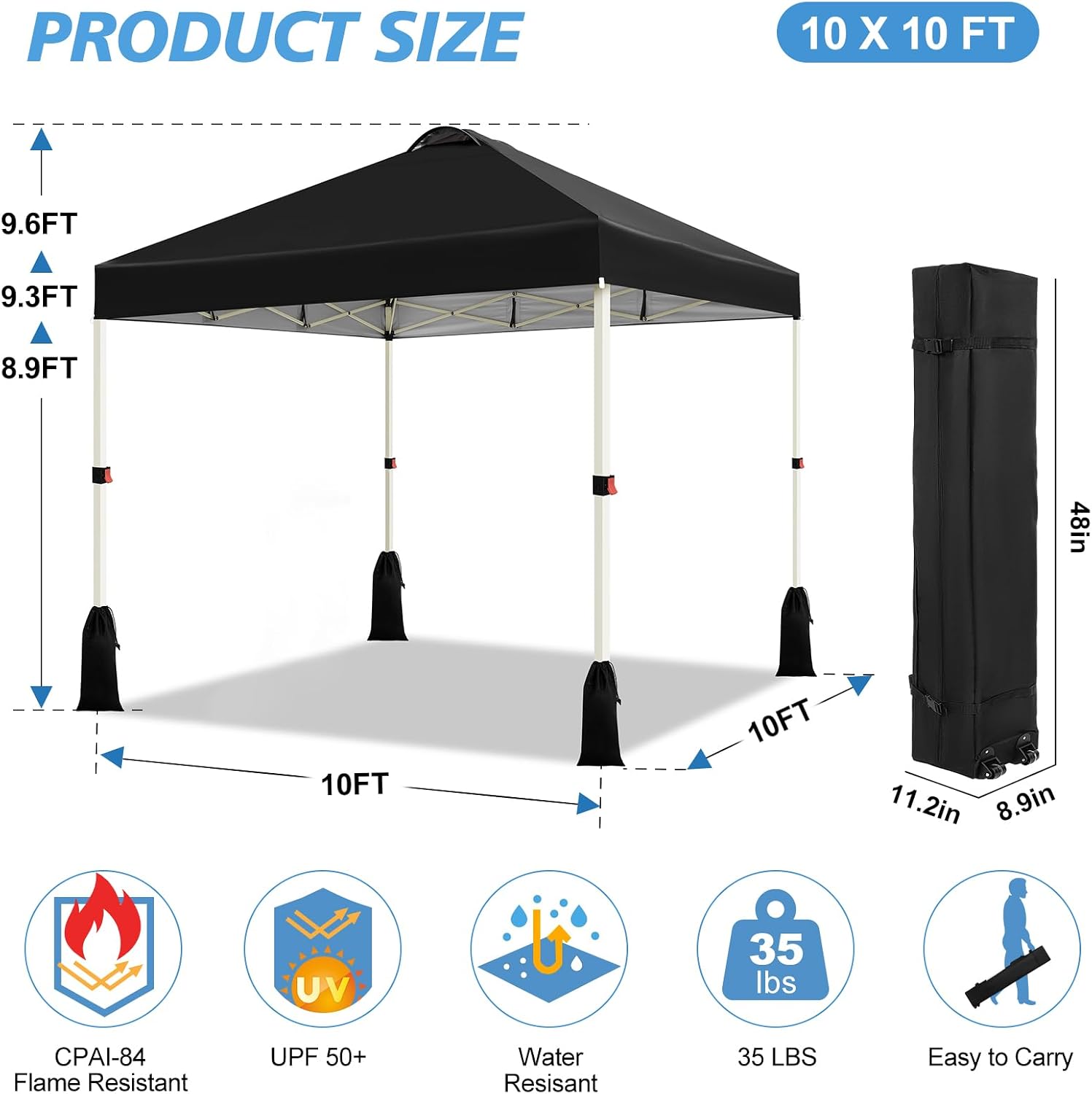 WEIZE 10x10 Pop Up Canopy Tent, 1-Button Push Setup Canopy Tent, Adjustable Height Instant Portable Shelter, Portable Roller Bag, Easy Outdoor Sun Shade for Events, 4 Weight Bags, Black