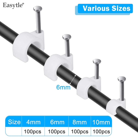 Cable Wire Clips 4mm 6mm 8mm 10mm Cable Management RG6 RG59 CAT5 CAT6 RJ45 Electrical Ethernet Dish TV Speaker Wire Cord Tie Holder Single Coaxial Nail Clamps (Pack of 400)
