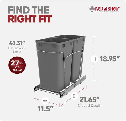 Rev-A-Shelf Double Pullout Garbage Trash Cans for Kitchen Cabinets, 27 Qt