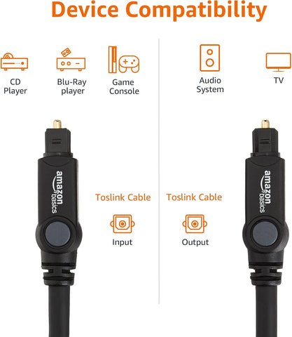 Amazon Basics Toslink Digital Optical Audio Fiber Optic Cable, Multi-Channel, for Sound Bar, Audio System, Home Theatre, Game Console, Blu-Ray Player, Gold-Plated Connectors, 6 Foot, Black
