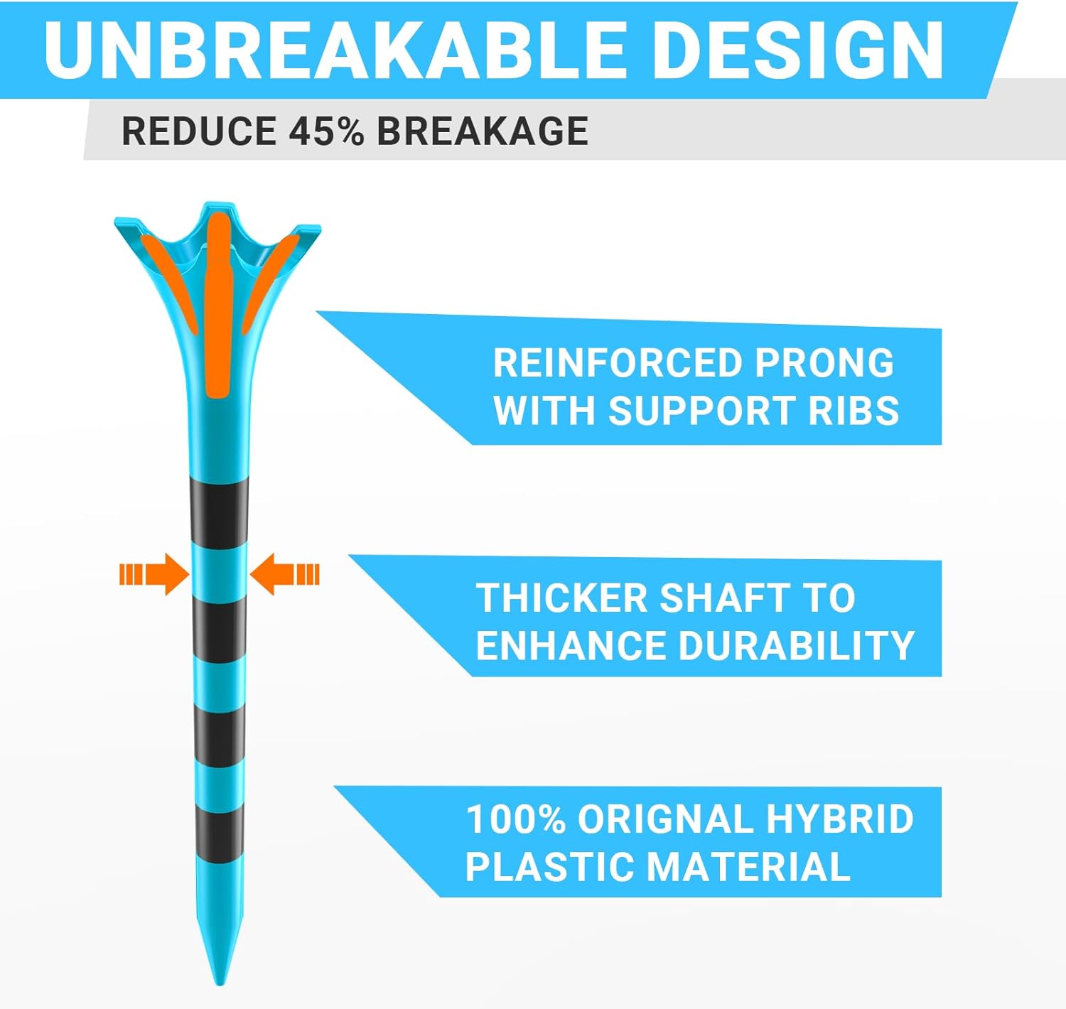 Durable Plastic Golf Tees,100/50 Pack (1-1/2", 2-3/4" & 3-1/4"), Designed to Reduce Friction and Side Spin
