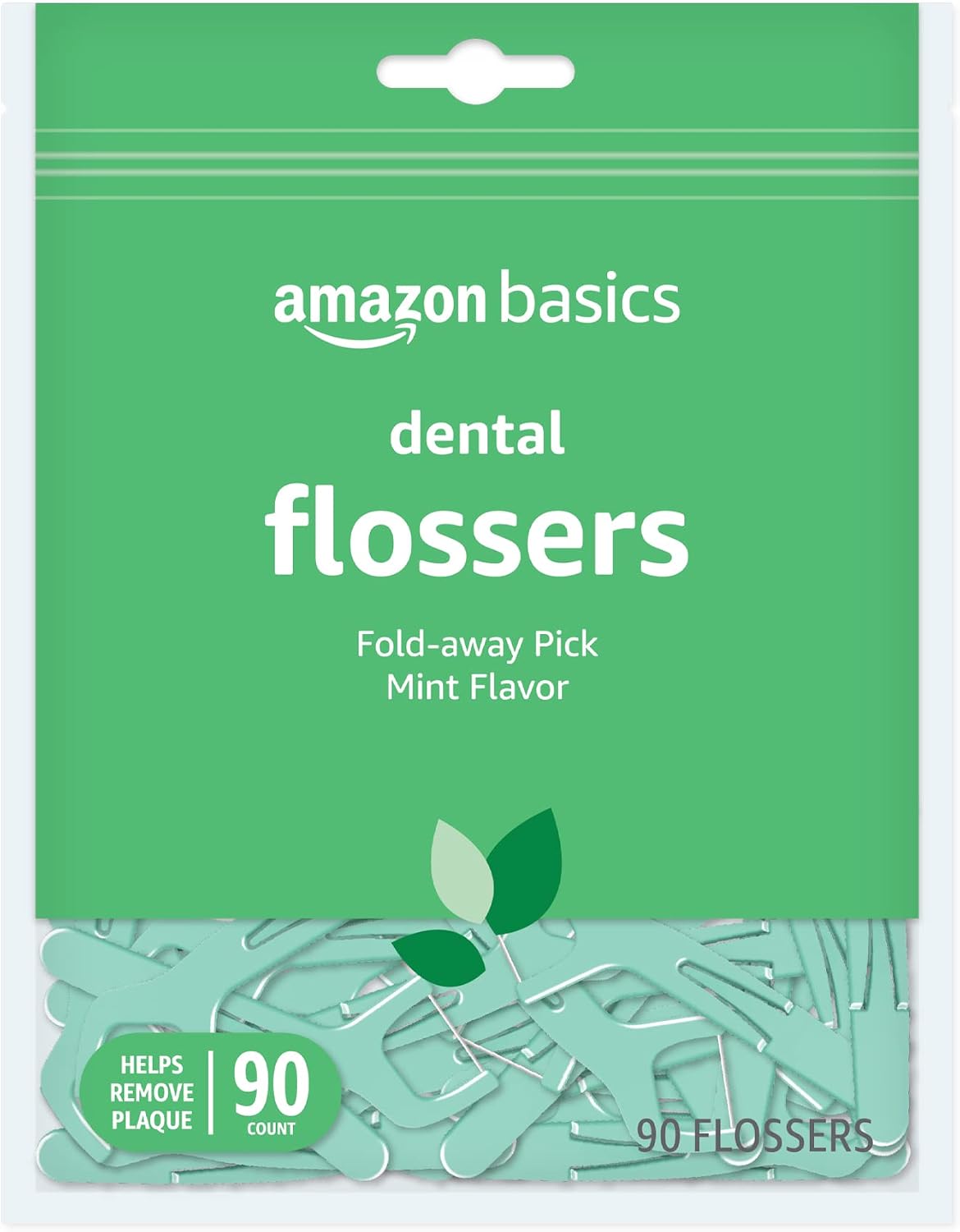 Amazon Basics Mint Dental Flossers, Shred Resistant, Slides Easily Between Teeth, with Fold-Away Pick, 90 Count, 1-Pack (Previously Solimo)