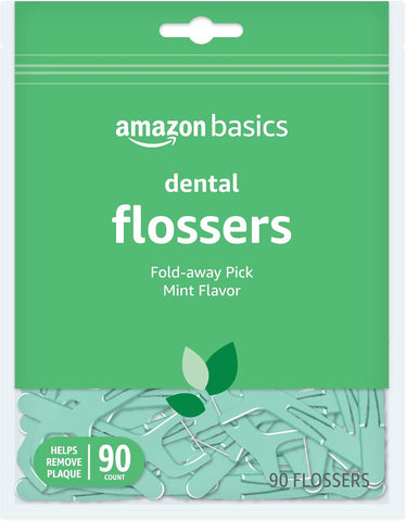 Amazon Basics Mint Dental Flossers, Shred Resistant, Slides Easily Between Teeth, with Fold-Away Pick, 90 Count, 1-Pack (Previously Solimo)