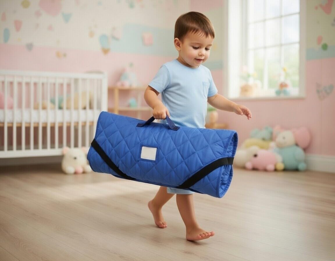 EVERYDAY KIDS Cute Preschooler and Toddler Cot Nap Mat for Home, Daycare, Preschool and Kindergarten; Easy to Roll Sleeping Mat with Elastic Straps, Pillow and Blanket