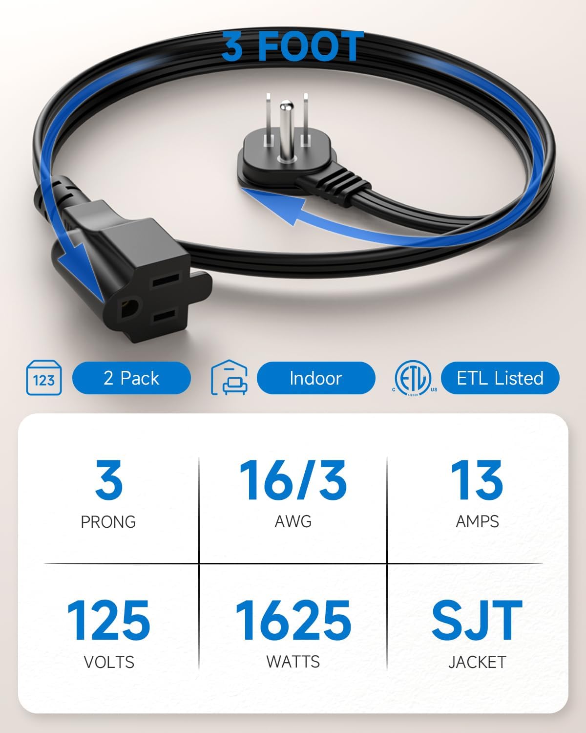 Flat Plug 3Ft Short Extension Cord, 90-Degree Plug Low Profile Power Adapter, 3-Prong Indoor Grounded Small Extension Cord Black 16AWG 13A 1625W 2 Pack