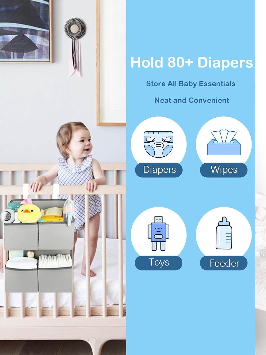 Hanging Diaper Organizer for Crib/Playard/Bassinet/Playpen – Hold 80+ Diapers - Changing Table Diaper Holder - Hanging Diaper Storage Stacker Nursery Caddy Organizer for Newborns (Silver-gray)
