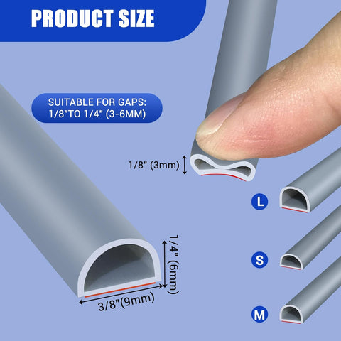 Weather Stripping Door Seal, Self Adhesive Silicone D Shaped Weather Strip, Door Seal Strip for Door Frame/Window Seal, 20Ft, Grey (3/8" W × 1/4" T)