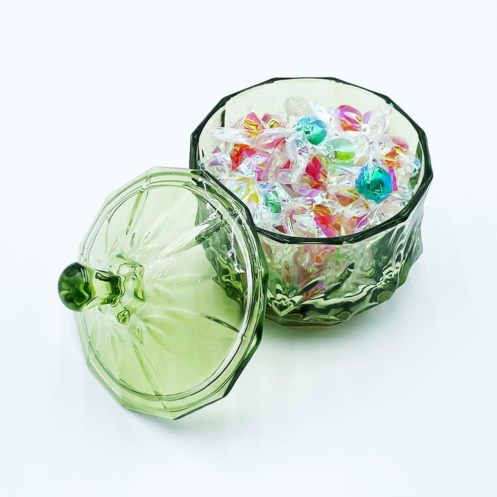 8oz Glass Candy Dish with Lid,Small Crystal Chrismas Candy Jar,Cotton Round Holder,Office,Bathroom,Dining Room Organizer(Olive Green)