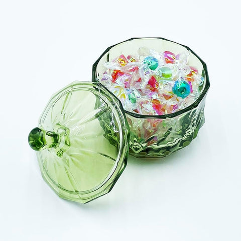 8oz Glass Candy Dish with Lid,Small Crystal Chrismas Candy Jar,Cotton Round Holder,Office,Bathroom,Dining Room Organizer(Olive Green)