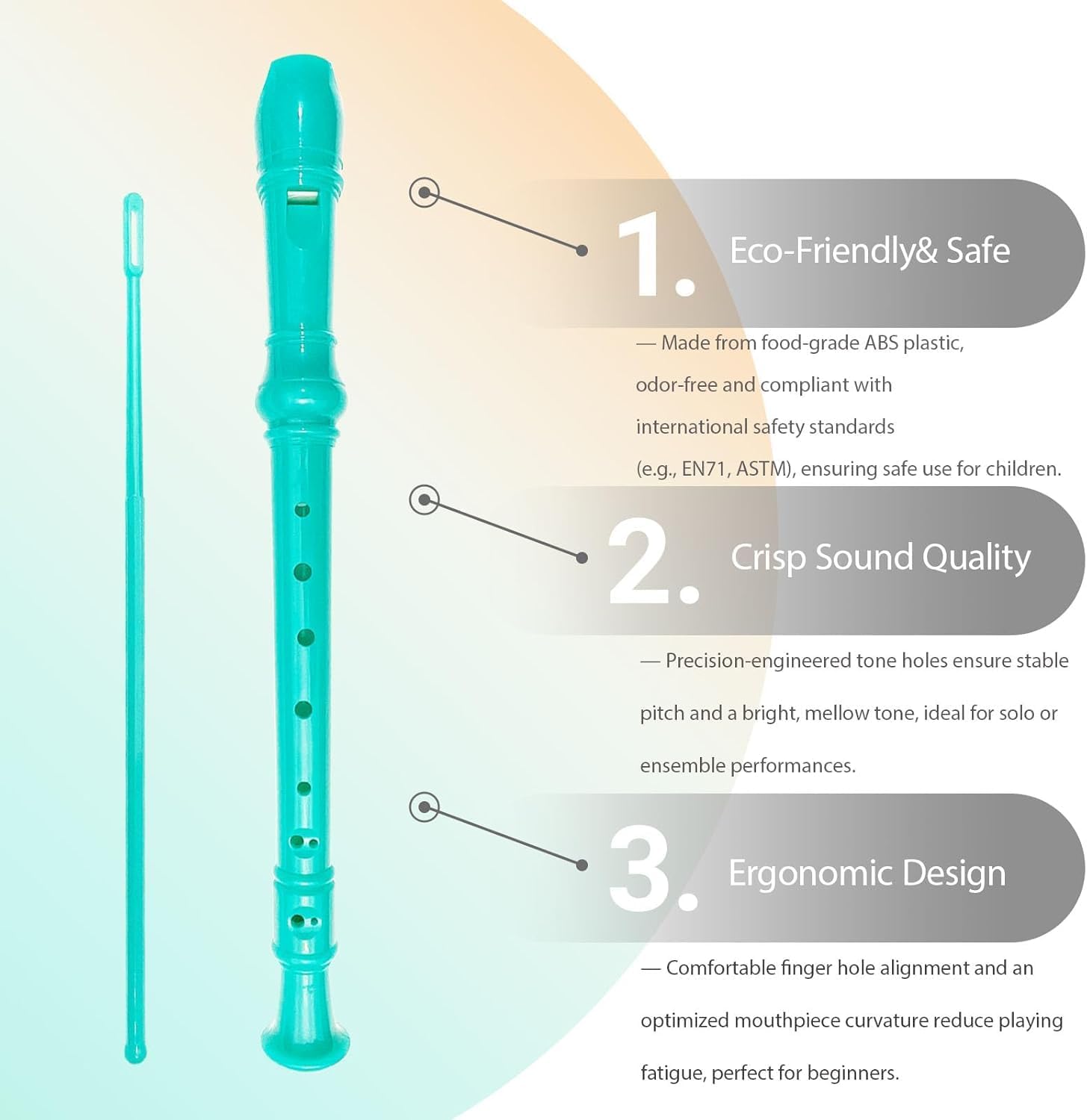 Descant Soprano Recorder for Kids - 8 Hole German Style Flute with Fingering Chart, Cleaning Rod & Protective Case - Ideal Musical Instrument for Beginners & School Students (Green)