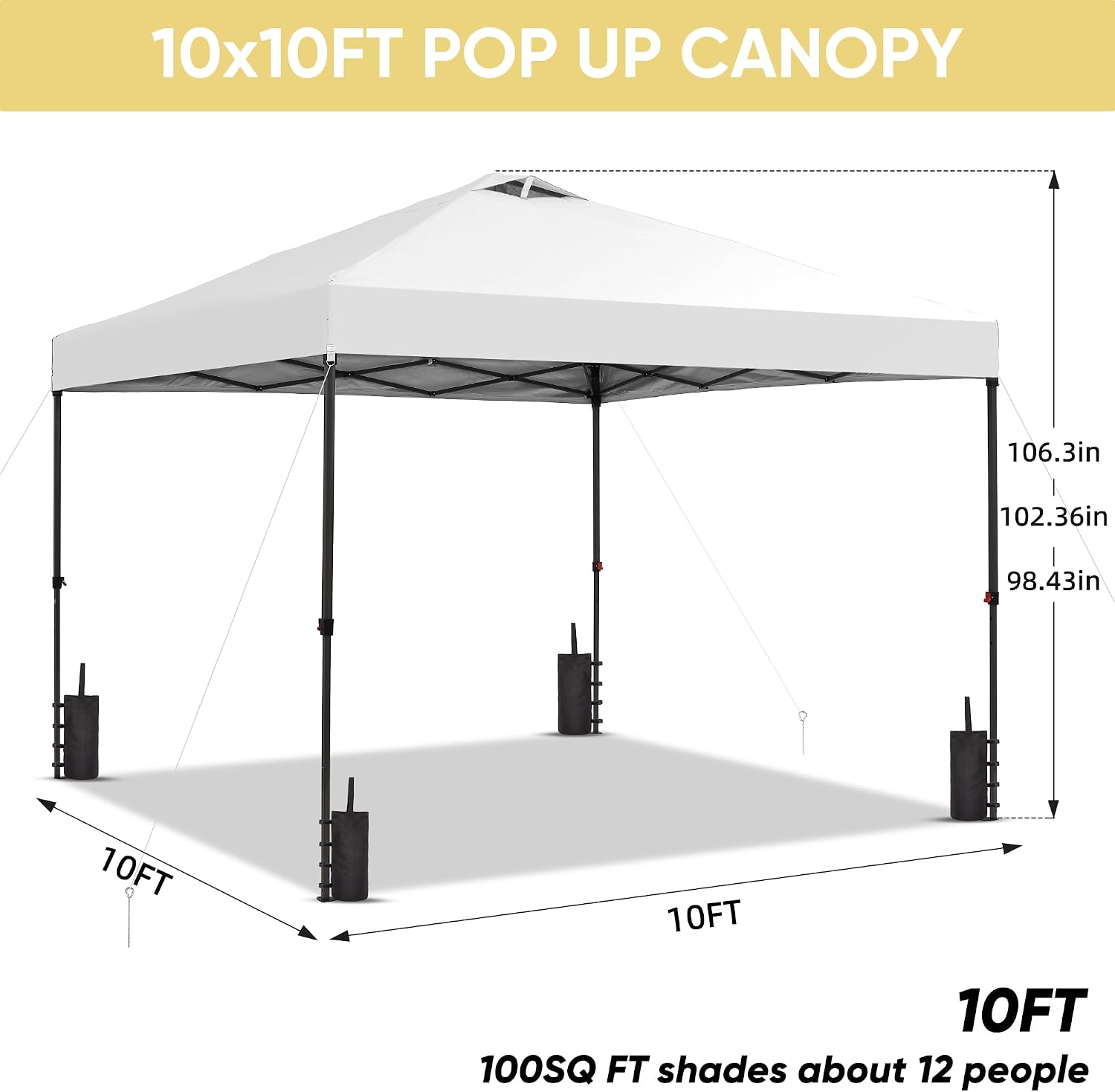 GDY 10x10 Pop Up Canopy Patio Carpas, One Push Set up with Central Lock Canopy with Hand Carry Bag, Included 4 Sandbaogs,8 Stakes and 4 Ropes, White