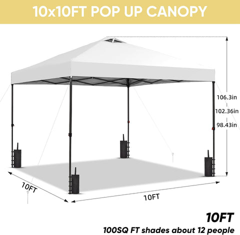 GDY 10x10 Pop Up Canopy Patio Carpas, One Push Set up with Central Lock Canopy with Hand Carry Bag, Included 4 Sandbaogs,8 Stakes and 4 Ropes, White