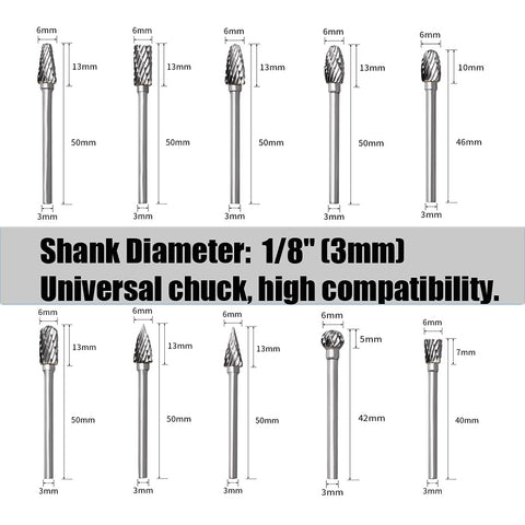 Tungsten Carbide Rotary Burr Set for Dremel, 10PCS Carbide Double Cut Carving Burr Bits with 1/8” Shank Rotary Tool Accessories for Woodworking, Engraving, Drilling, Steel Metal Working