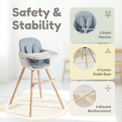 Mallify 3-in-1 Wooden High Chair, Convertible High Chairs for Babies and Toddlers, Baby Highchair with Adjustable Legs & Dishwasher-Safe Tray, Sleek Hardwood & Premium PU Cushion, Blue