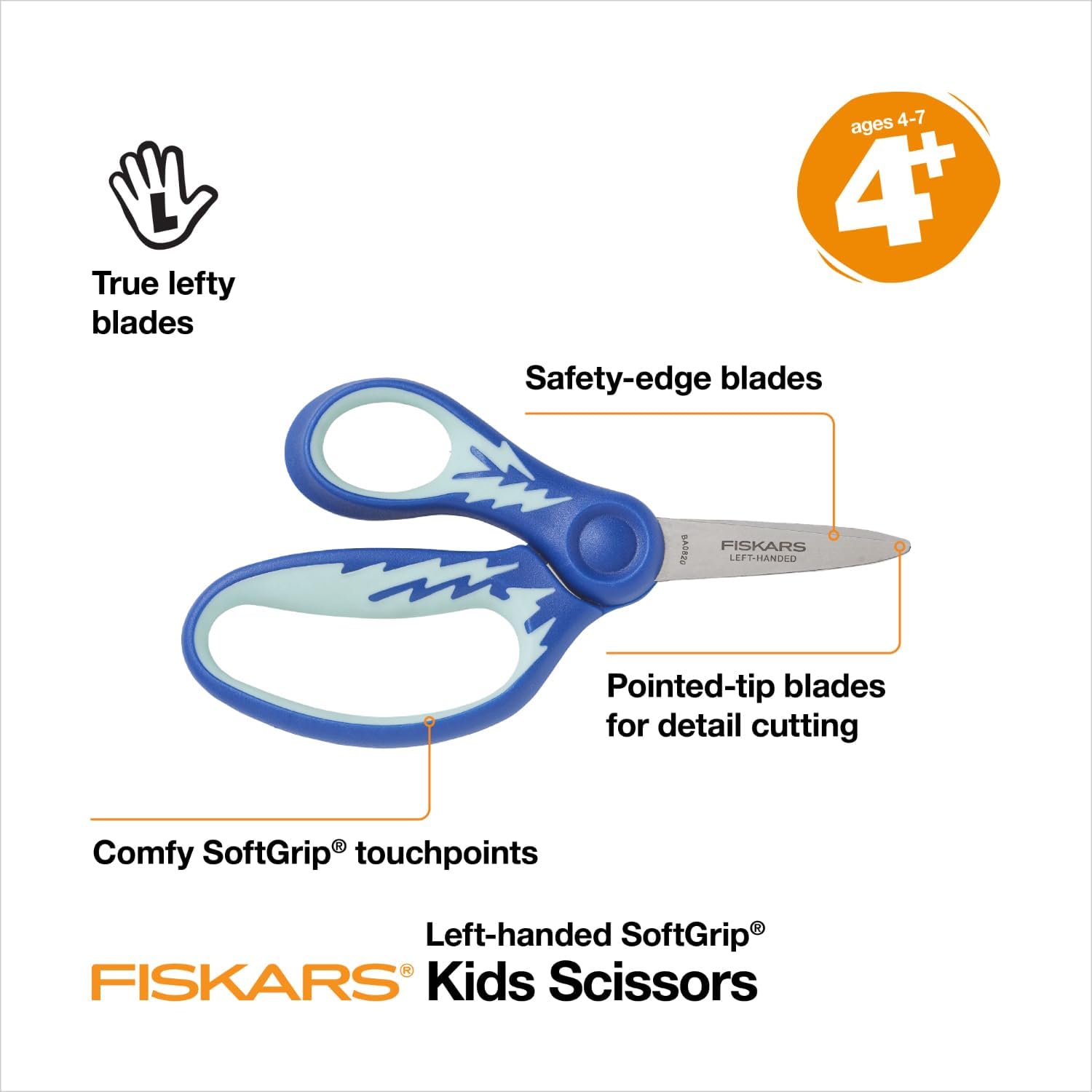 Fiskars 5" SoftGrip Kids Left-Handed Pointed-Tip Scissors, Ages 4-7, Blue