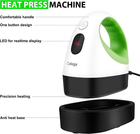 Calogy Mini Heat Press, Heat Transfer Machine, Constant Temp Control, Insulated Safety Base, Fits for Crafts, T-Shirt, Hat, Cap, Pillows (White Green)