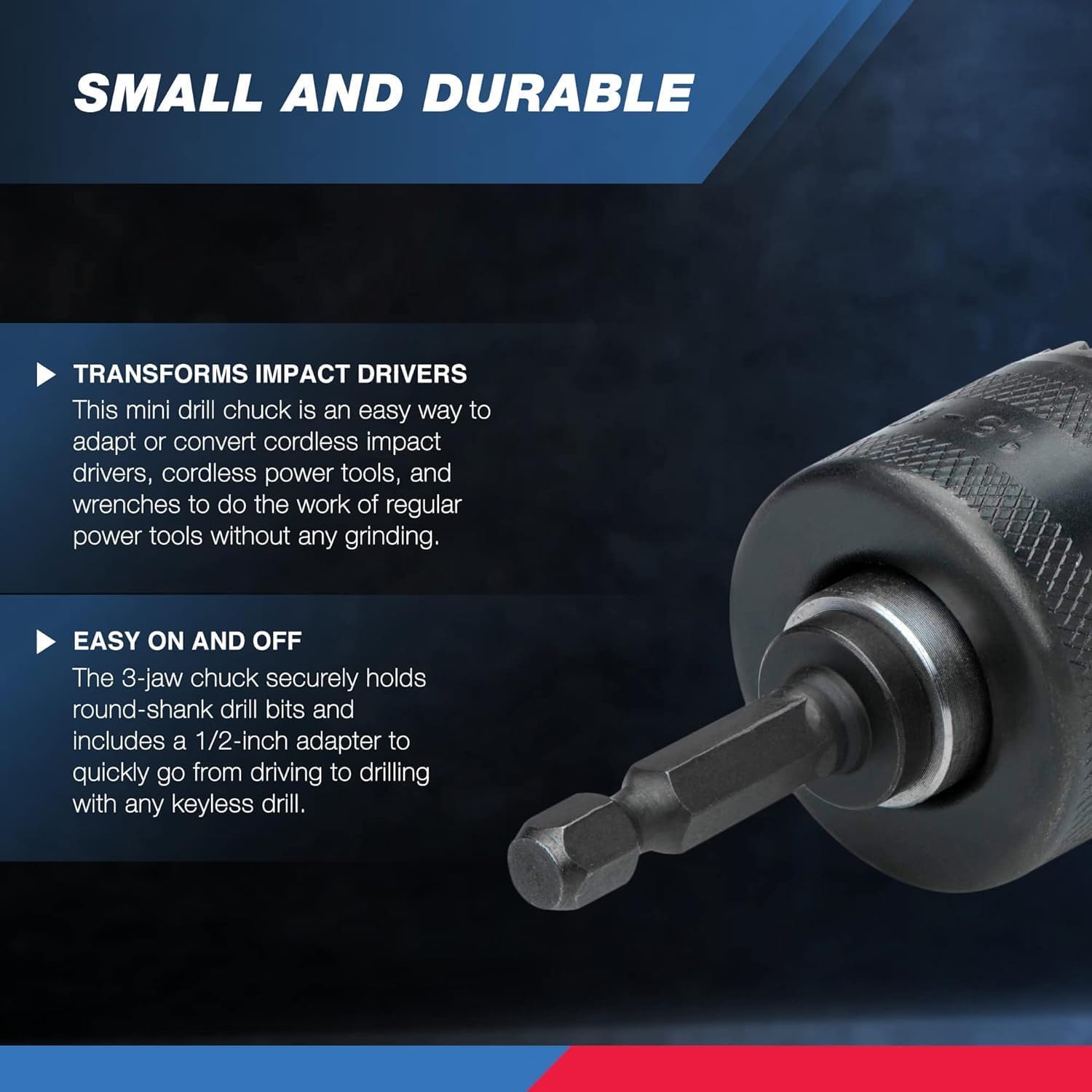 NEIKO 20754A 3/8” Drill Chuck Adapter | Chuck Drill for Impact Drivers with 1/4 Inch Quick Change Shank | Drill Converter Includes 1/2-Inch Adapter for Impact Guns | Hex to Chuck Drill Bit Adapter