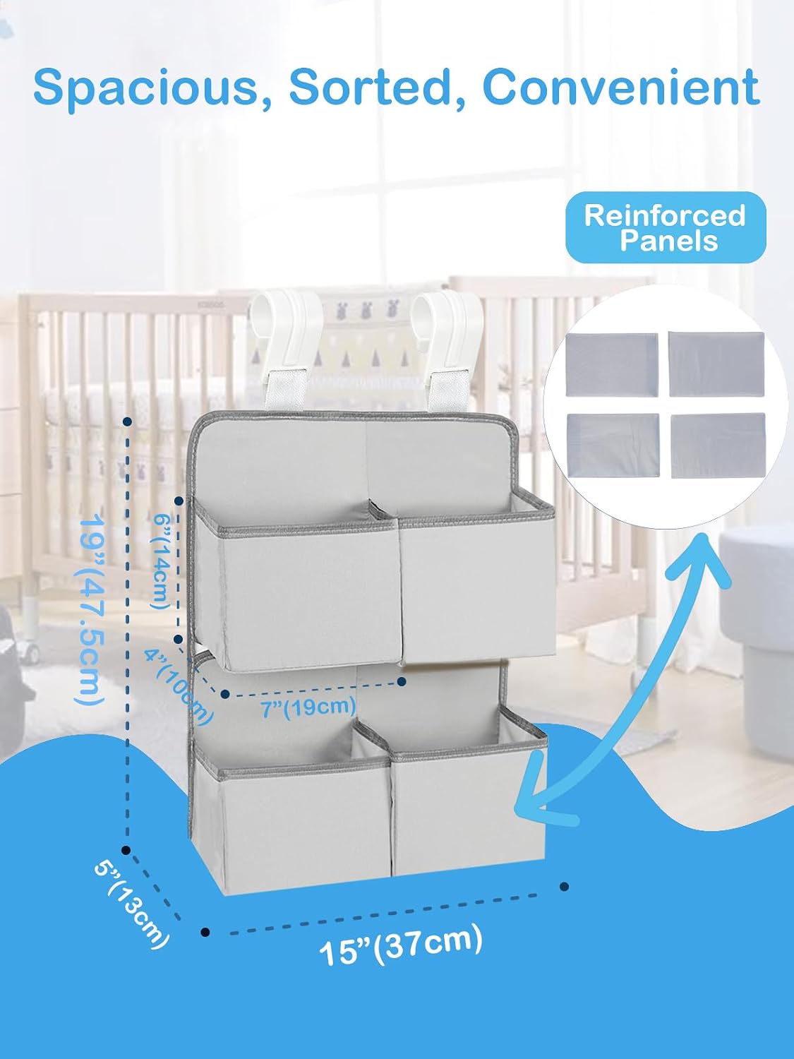 Hanging Diaper Organizer for Crib/Playard/Bassinet/Playpen – Hold 80+ Diapers - Changing Table Diaper Holder - Hanging Diaper Storage Stacker Nursery Caddy Organizer for Newborns (Silver-gray)