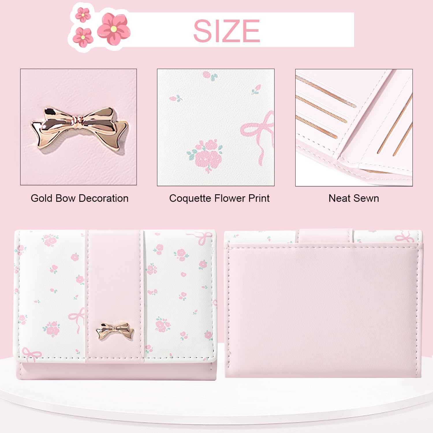 Cute Coquette Floral Bow Small Wallet for Women Girls (PINK)