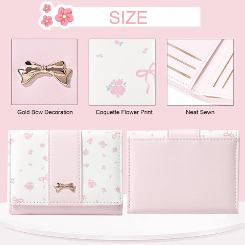 Cute Coquette Floral Bow Small Wallet for Women Girls (PINK)