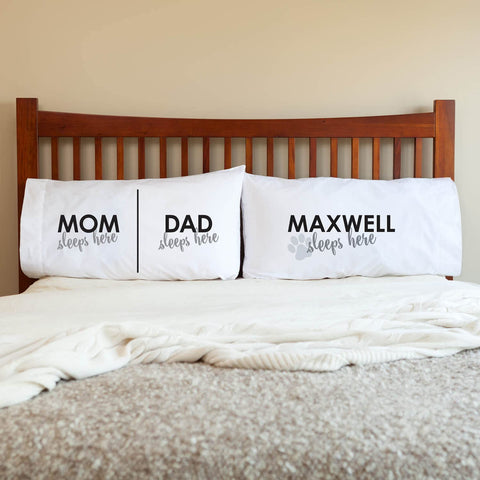 Personalized Planet Dog Sleeps Here White Bedroom Pillowcase Set with Custom Personalization | Pet Owner Bedroom Décor | 2 Standard Queen Size Pillow Covers | 20x31