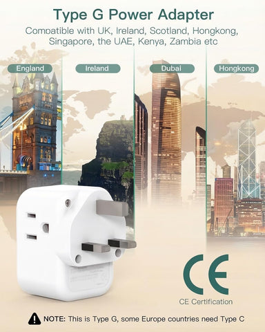 Addtam US to UK Travel Plug Adapter with3 Outlets 3 USB Ports(2 USB C)