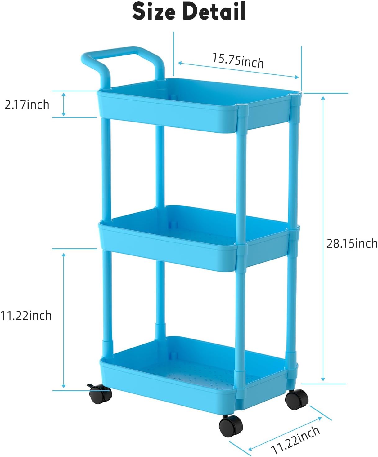 Volnamal Diaper Caddy, 3 Tier Rolling Cart for Baby Essentials, Blue