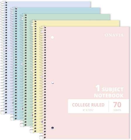 ONAVIA 1 Subject Spiral Notebook College Ruled 5 Pack, 140 Pages, Assorted