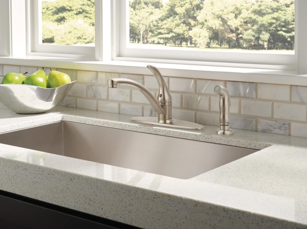 Delta Foundations Brushed Nickel Kitchen Faucet with Side Sprayer, Contemporary 4 Hole Kitchen Sink Faucet, Single Handle, Stainless B4410LF-SS