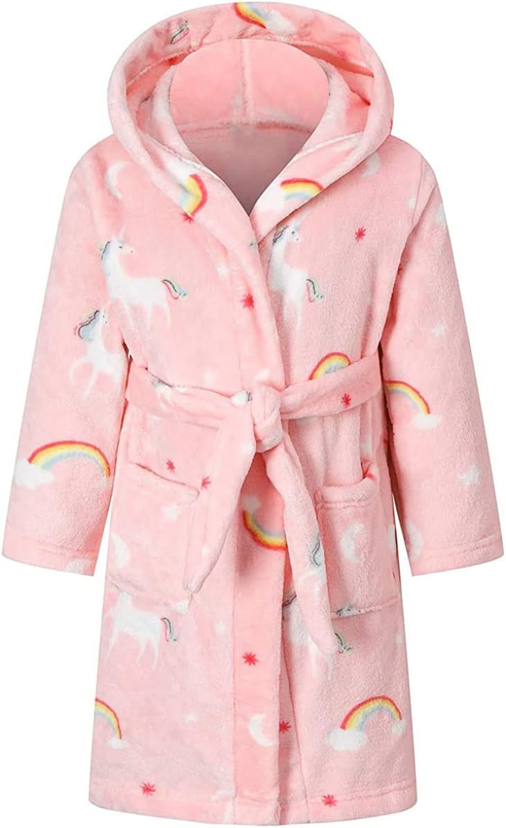 Umeyda Girls Fleece Hooded Robes, Warm Printed Bath Robe for Kids Soft Fuzzy Bathrobe for Gifts