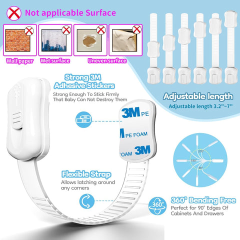8-Pack Cabinet Locks Baby Proofing - Syican Child Proof Drawer Locks, Multi-Purpose for Drawers, Fridge, Toilet Seat, Trash Can, Ideal Stocking Stuffers, White