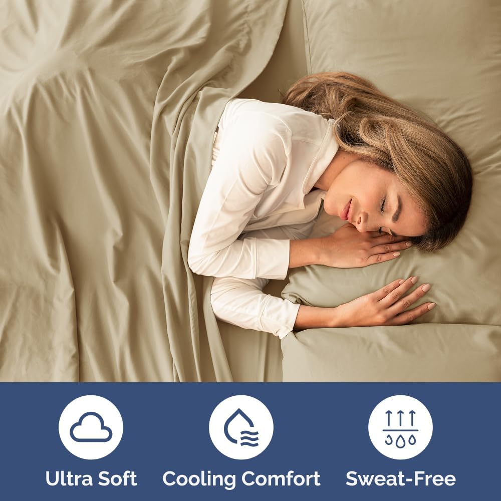 Cal King Size 4 Piece Sheet Set - Comfy Breathable & Cooling Sheets - Beige