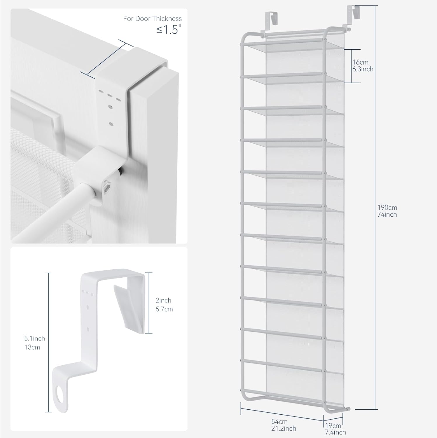 Whitmor 36 Pair Over The Door Shoe Organizer, 12 Tier Hanging Shoe Organizer, Heavy Duty Metal & Mesh Shoe Holder, Hanging Shoe Rack for Closet Organizer & Storage, 74" H x 21.7" W x 7.5" D, White1