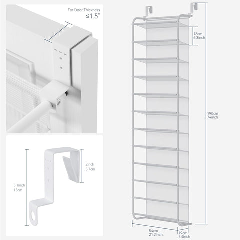 Whitmor 36 Pair Over The Door Shoe Organizer, 12 Tier Hanging Shoe Organizer, Heavy Duty Metal & Mesh Shoe Holder, Hanging Shoe Rack for Closet Organizer & Storage, 74" H x 21.7" W x 7.5" D, White1