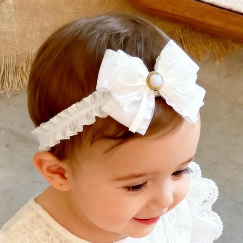 Baby Girls Headband White Bow Lace Headbands Soft Elastic Bowknot Hairbands Cute Hair Accessory for Newborn Kids Infant Toddler Baptism Birthday Party (Bow E)