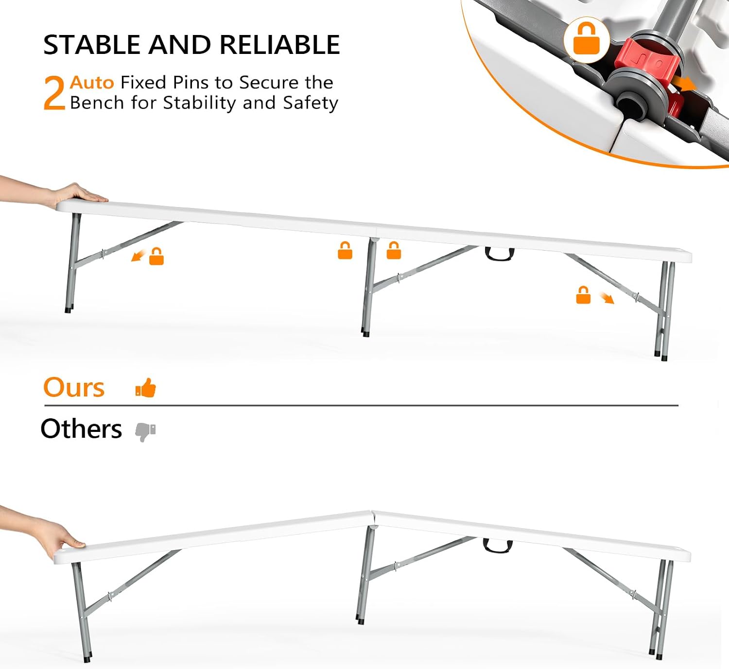 VINGLI 8 feet Plastic Folding Bench,Portable in/Outdoor Picnic Party Camping Dining Seat, Garden Soccer Multipurpose Entertaining Activities, Smooth HDPE Tabletop (2, White, 8ft)