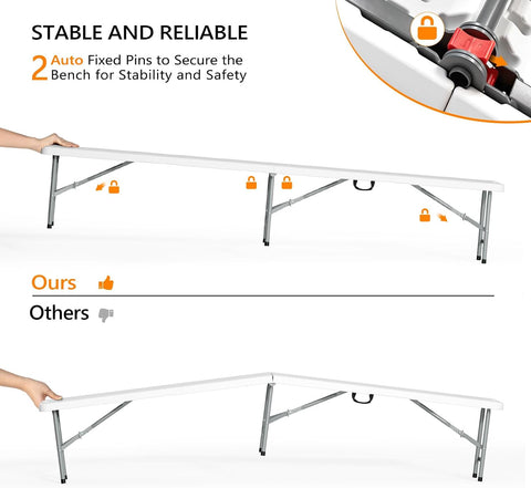 VINGLI 8 feet Plastic Folding Bench,Portable in/Outdoor Picnic Party Camping Dining Seat, Garden Soccer Multipurpose Entertaining Activities, Smooth HDPE Tabletop (2, White, 8ft)
