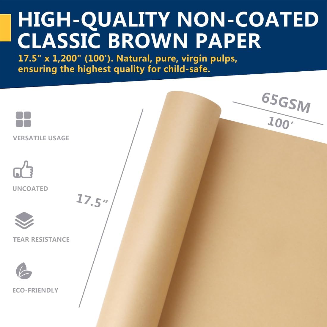 PerkHomy Brown Kraft Paper Roll 17.5" x 1,200" (100') for Gift Wrapping Bulletin Board Craft Art Bouquet Flower Packing Valentines Easel Moving Shipping Floor Poster Covering Table 70GSM 50LB