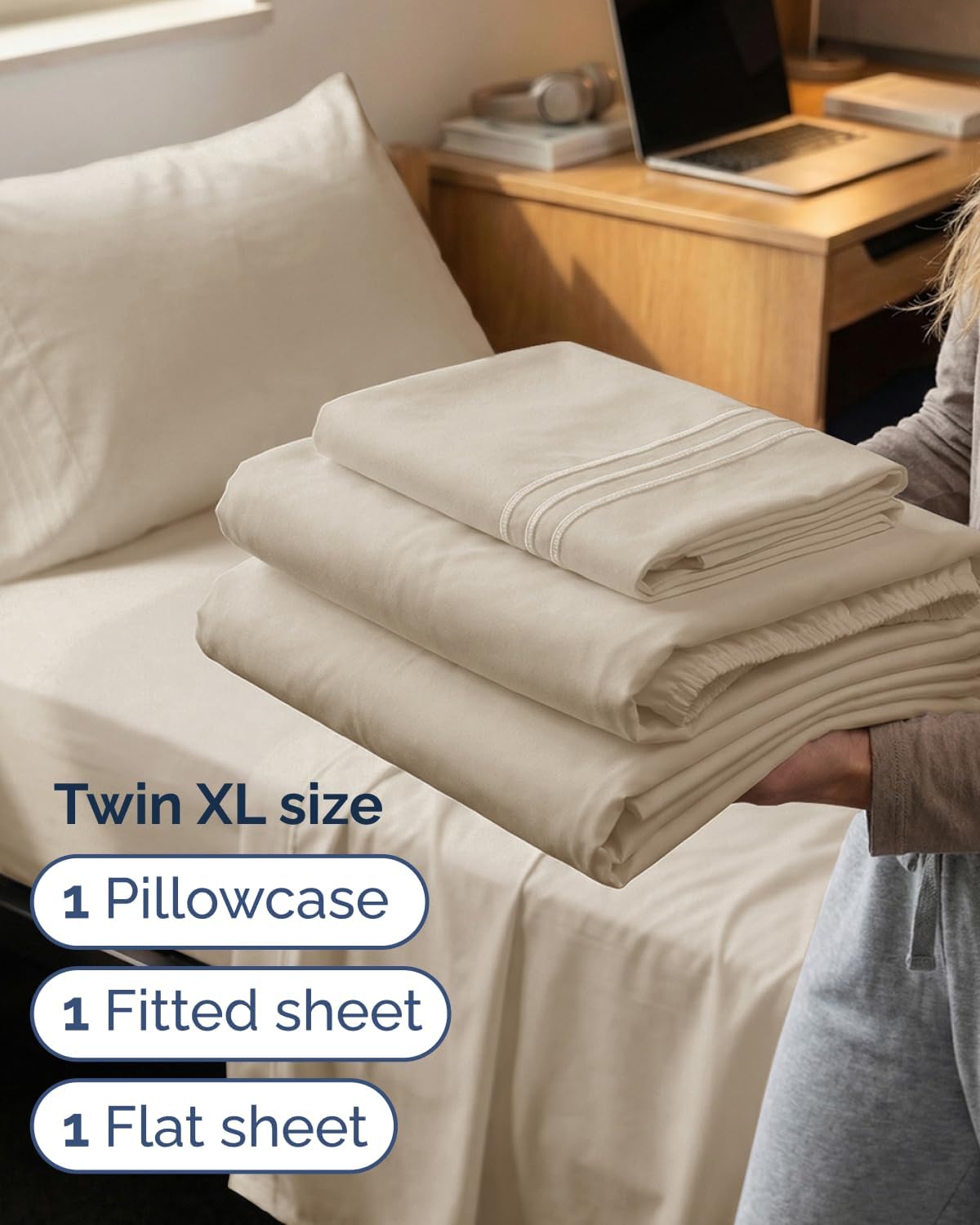 Twin XL 3 Piece Sheet Set - College Dorm Room Essentials - Wheat