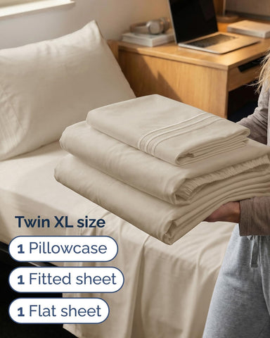 Twin XL 3 Piece Sheet Set - College Dorm Room Essentials - Wheat