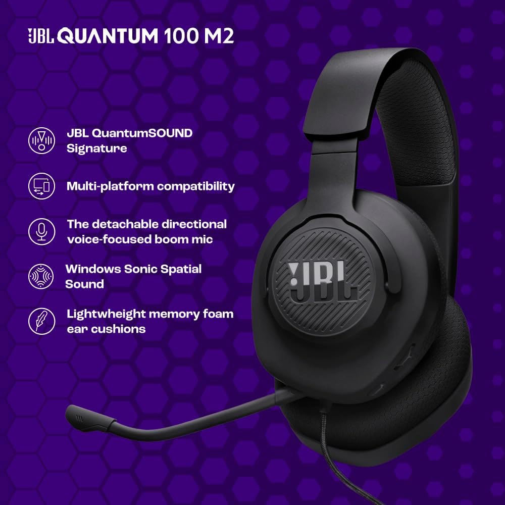 JBL Quantum 100M2 Wired Gaming Headset, Detachable Mic - Black